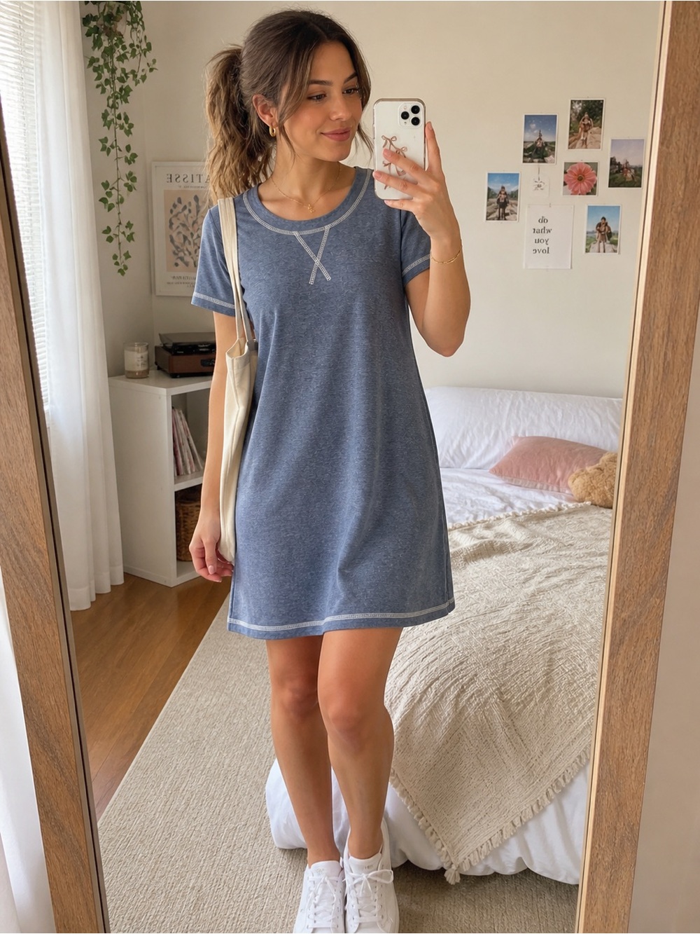 Blue Short-Sleeve Mini Dress with Contrast Stitching